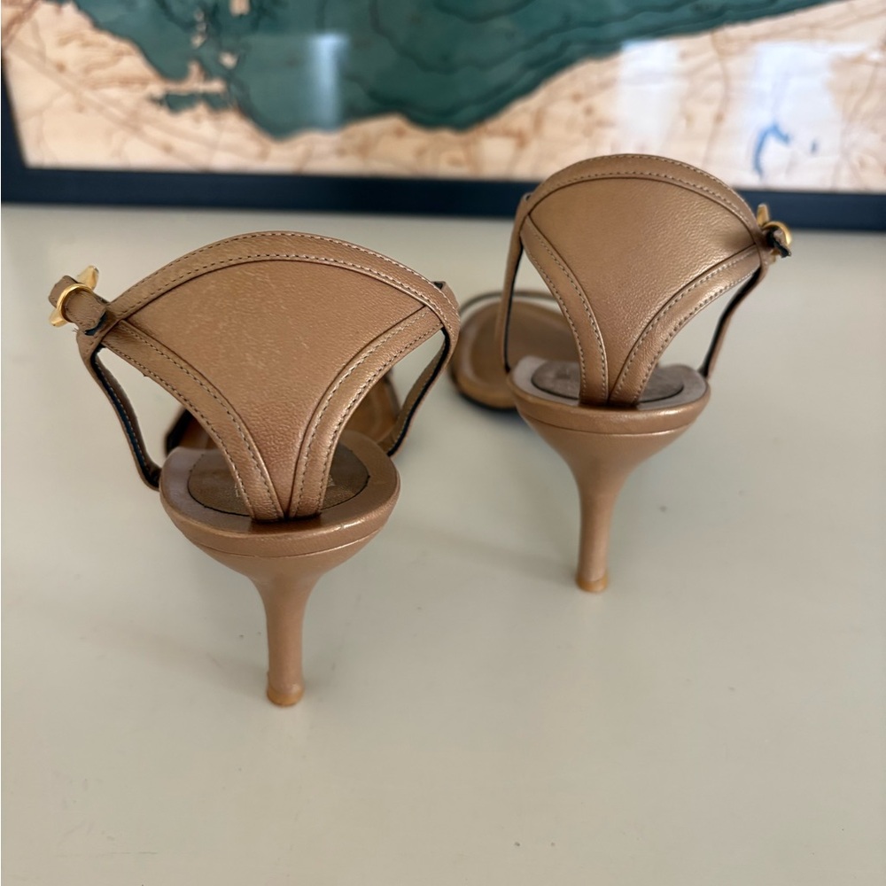 Salvatore Ferragamo Metallic Tan Strappy Ankle‑Strap Heels - Picture 7 of 8